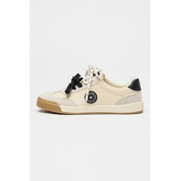 Pantofi sport cu piele intoarsa si insertii din piele - Crem