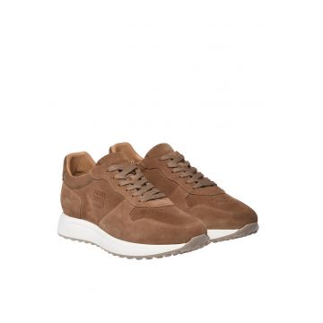 Pantofi sport de piele intoarsa cu garnituri de piele - Maro