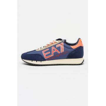 Pantofi sport din material textil cu insertii de piele intoarsa - Albastru inchis/Portocaliu mandarina