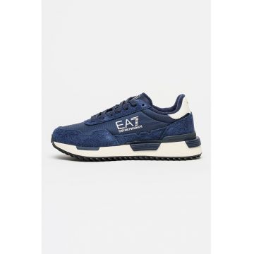 Pantofi sport din piele cu garnituri din piele intoarsa - Albastru inchis/Alb murdar