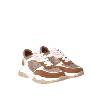 Pantofi sport din piele cu insertii din plasa - Maro