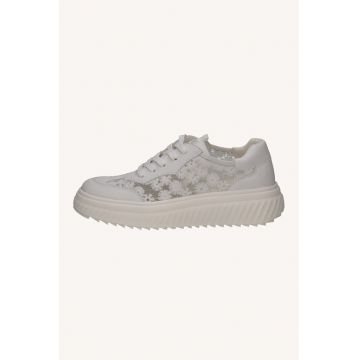 Pantofi sport din piele cu segmente din plasa si model floral - Alb murdar