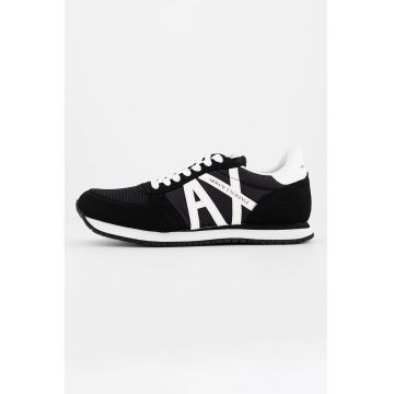 Pantofi sport cu logo si insertii de piele ecologica - Alb/Negru