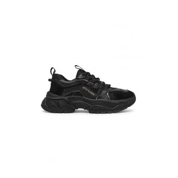 Pantofi sport demi-wedge cu garnituri de piele intoarsa - Negru stins