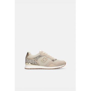 Pantofi sport de piele intoarsa si material textil cu detalii cu aspect stralucitor - Auriu/Bej deschis