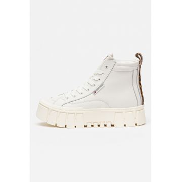 Pantofi sport din piele cu platforma si detaliu cu model animal print - Alb fildes