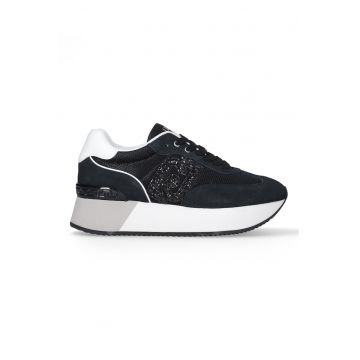 Pantofi sport din piele cu sireturi si platforma - Negru