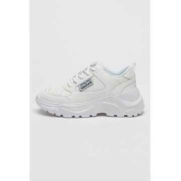 Pantofi sport din piele cu talpa wedge si garnituri din piele ecologica - Alb optic