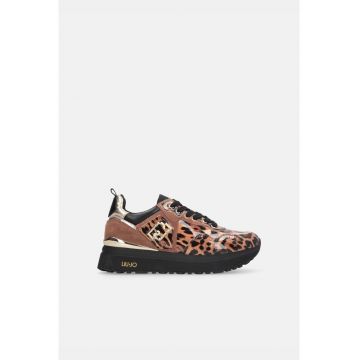 Pantofi sport flatform de piele intoarsa cu animal print - Maro