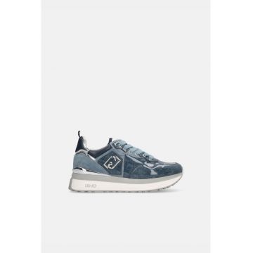 Pantofi sport flatform de piele intoarsa cu garnituri cu aspect de denim - Albastru prafuit