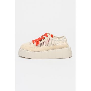 Pantofi sport flatform din piele cu insertii de plasa - Rosu/Crem