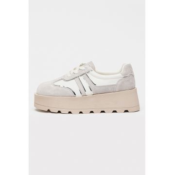 Pantofi sport flatform din piele nabuc cu garnituri de material textil - Alb/Gri deschis