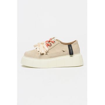 Pantofi sport Matilda cu piele intoarsa si talpa wedge - Bej deschis