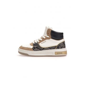 Pantofi sport mid-high de piele ecologica cu garnituri cu aspect de piele de sarpe - Alb/Caramel