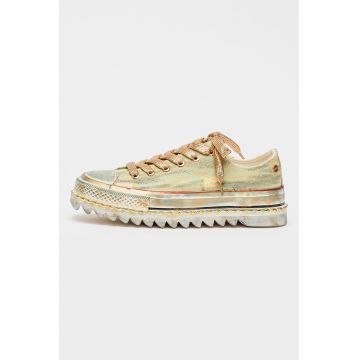 Tenisi low-cut flatform cu aspect deteriorat - Auriu/Verde sparanghel/Verde fistic