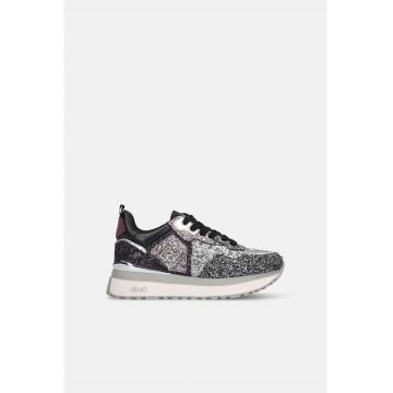 Pantofi sport cu aspect stralucitor si garnituri de piele intoarsa - Negru/Argintiu