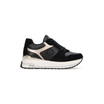 Pantofi sport cu talpa wedge si insertii din piele intoarsa - Auriu/Negru