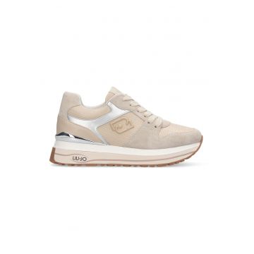 Pantofi sport cu talpa wedge si insertii din piele intoarsa - Bej deschis