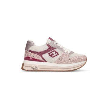 Pantofi sport cu talpa wedge si insertii stralucitoare - Alb fildes/Fucsia