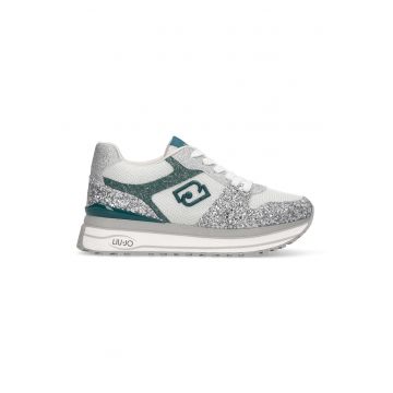 Pantofi sport cu talpa wedge si insertii stralucitoare - Alb fildes/Verde persan/Argintiu