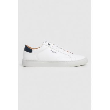 Pantofi sport de piele ecologica cu talpa plata - Alb optic/Bleumarin