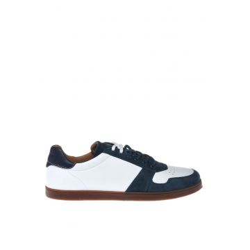 Pantofi sport de piele intoarsa si piele - Alb/Albastru