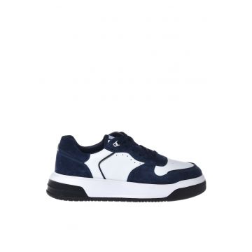 Pantofi sport de piele intoarsa si piele cu model colorblock - Alb/Albastru indigo