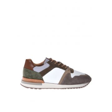 Pantofi sport de piele si piele intoarsa cu design colorblock - Alb/Maro