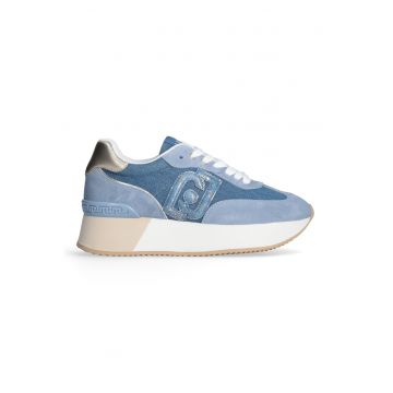Pantofi sport din piele cu sireturi si platforma - Albastru