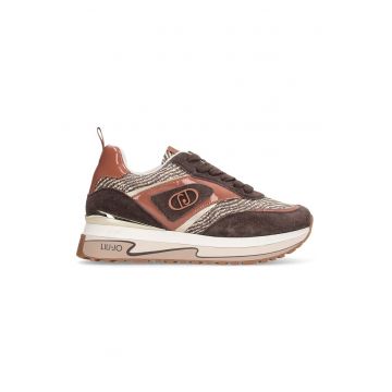 Pantofi sport din piele intoarsa cu talpa wedge si garnituri contrastante - Maro/Bej deschis
