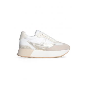 Pantofi sport din piele si material textil cu segmente stea metalice - Alb/Roz