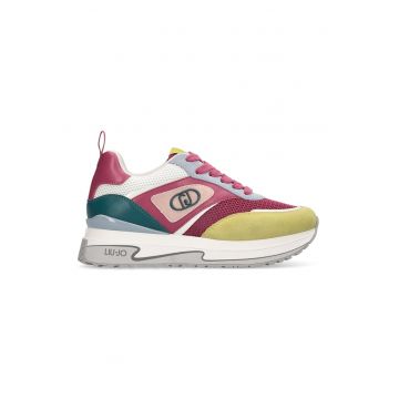 Pantofi sport din piele si piele intoarsa cu talpa wedge - Roz zmeuriu/Galben sofran/Verde englez