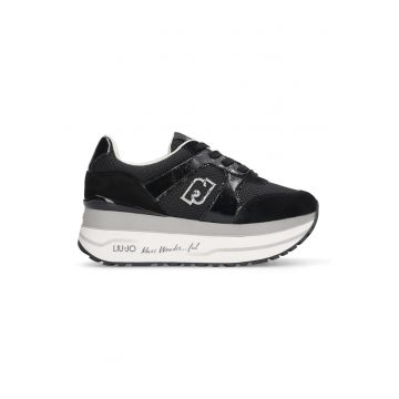 Pantofi sport din plasa cu talpa flatform si garnituri din piele intoarsa - Negru