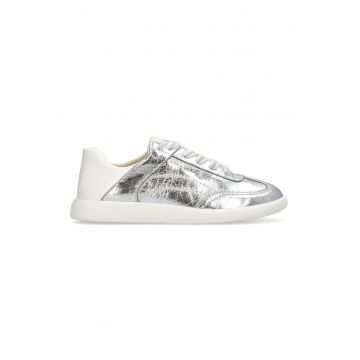 Pantofi sport low-cut de piele cu aspect metalizat - Alb murdar/Argintiu