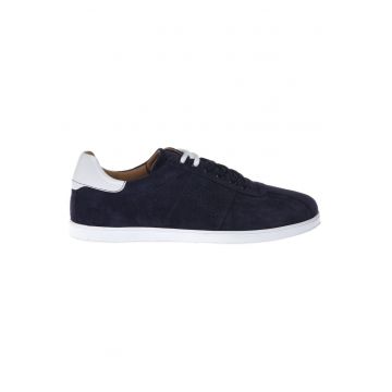 Pantofi sport low-cut piele intoarsa cu logo - Bleumarin