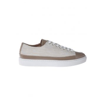 Pantofi sport unisex low-cut cu segmente din tuid - Alb/Maro taupe