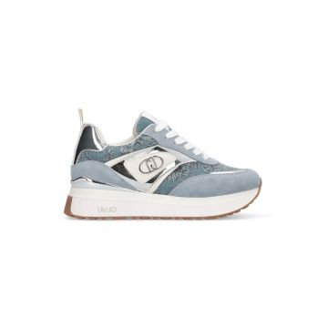Pantofi sport wedge cu garnituri de piele intoarsa - Albastru prafuit/Argintiu