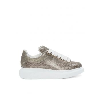Gold Tone Metallic Effect Leather Sneakers - Alb/Auriu