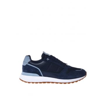 Pantofi sport cu garnituri de piele si insertii de plasa - Albastru inchis