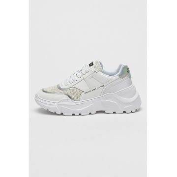 Pantofi sport cu talpa wedge si garnituri din piele - Alb/Argintiu