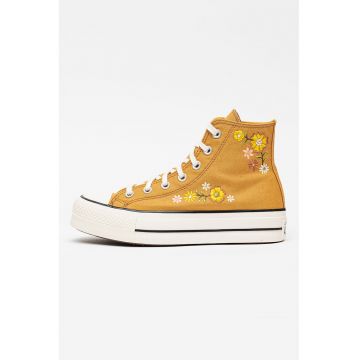 Tenisi inalti Chuck Taylor All Star Lift cu platforma si broderii florale - Galben mustar