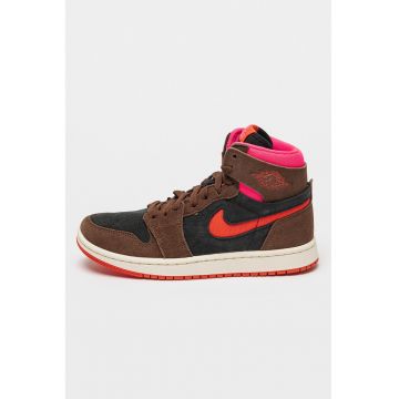 Pantofi mid-cut de piele intoarsa Air Jordan 1 pentru baschet - Maro/Coral/Roz aprins
