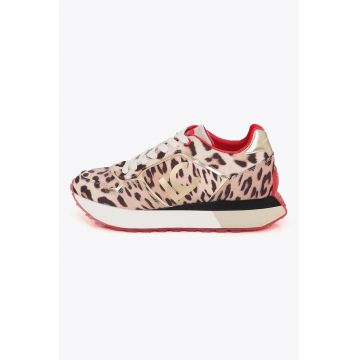 Pantofi sport cu talpa wedge si model animal print - Maro/Roz pastel