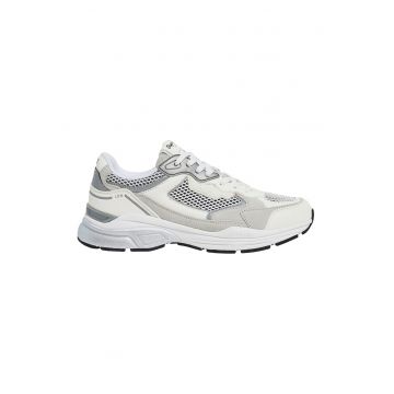 Pantofi sport de piele ecologica cu garnituri de piele intoarsa - Alb/Gri deschis/Gri inchis