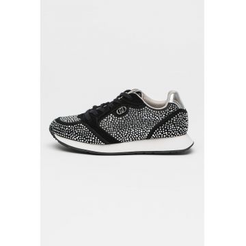 Pantofi sport din piele intoarsa cu aplicatii de strasuri Vibe - Negru/Argintiu