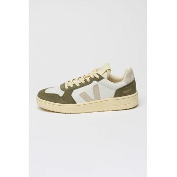 Pantofi sport low-cut de piele si piele intoarsa - Alb/Kaki deschis