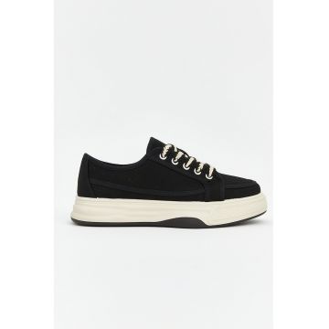 Pantofi low-cut din material textil cu talpa flatform - Negru