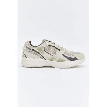 Pantofi sport de piele ecologica cu insertii din plasa - Negru/Verde sparanghel/Bej deschis