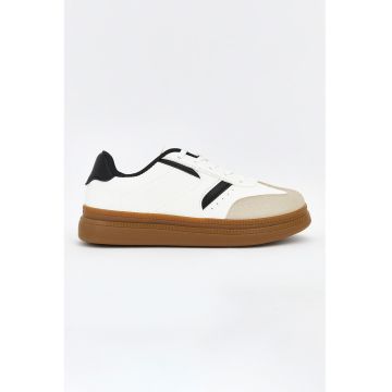 Pantofi sport de piele ecologica si piele intoarsa sintetica - Alb/Negru/Bej