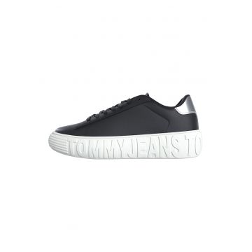 Pantofi sport wedge de piele cu logo - Alb/Negru/Argintiu